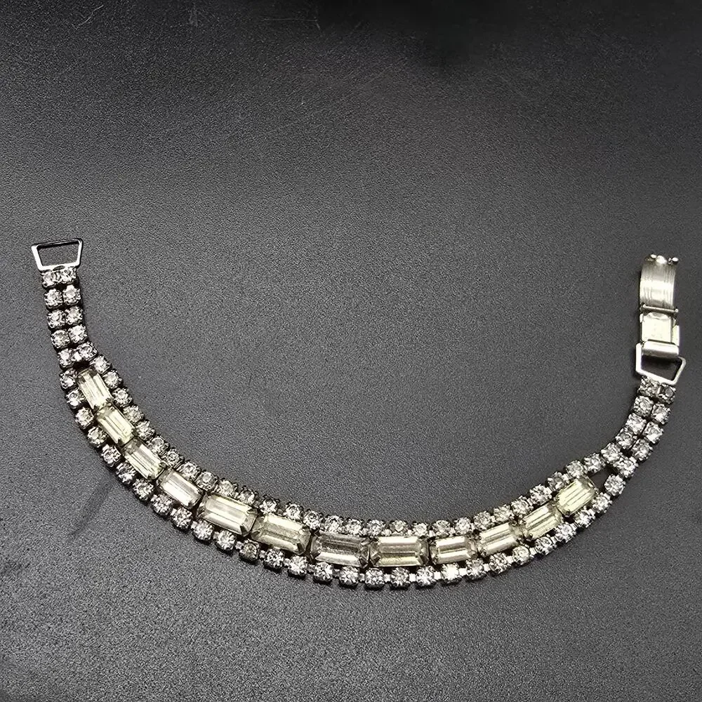 Vintage Clear Rhinestone Bracelet Glam Costume Jewelry